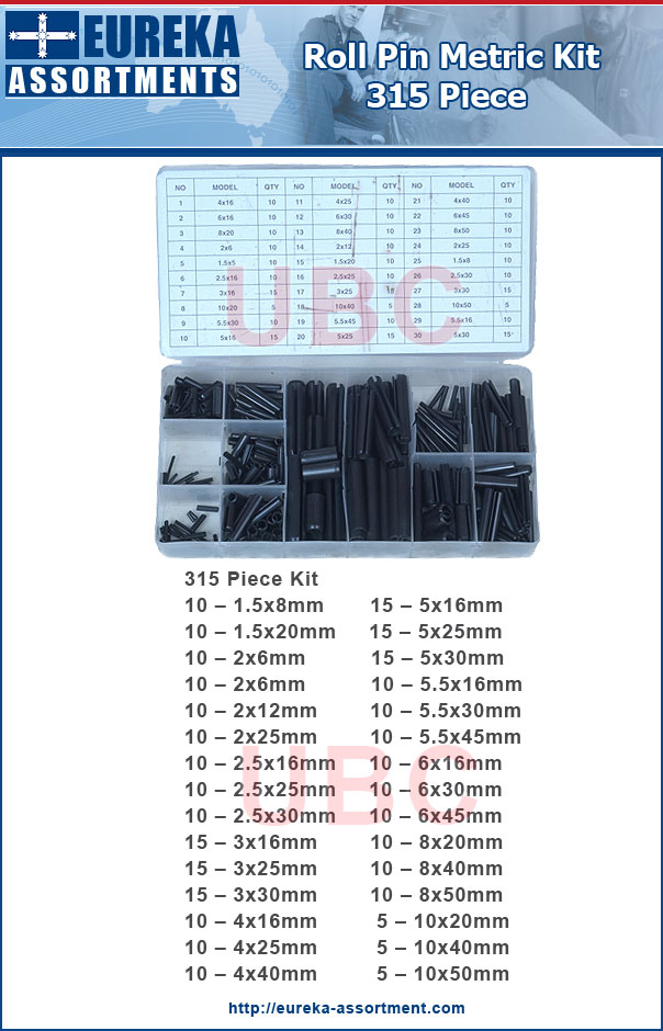 roll pin metric kit 315 piece eureka assortments